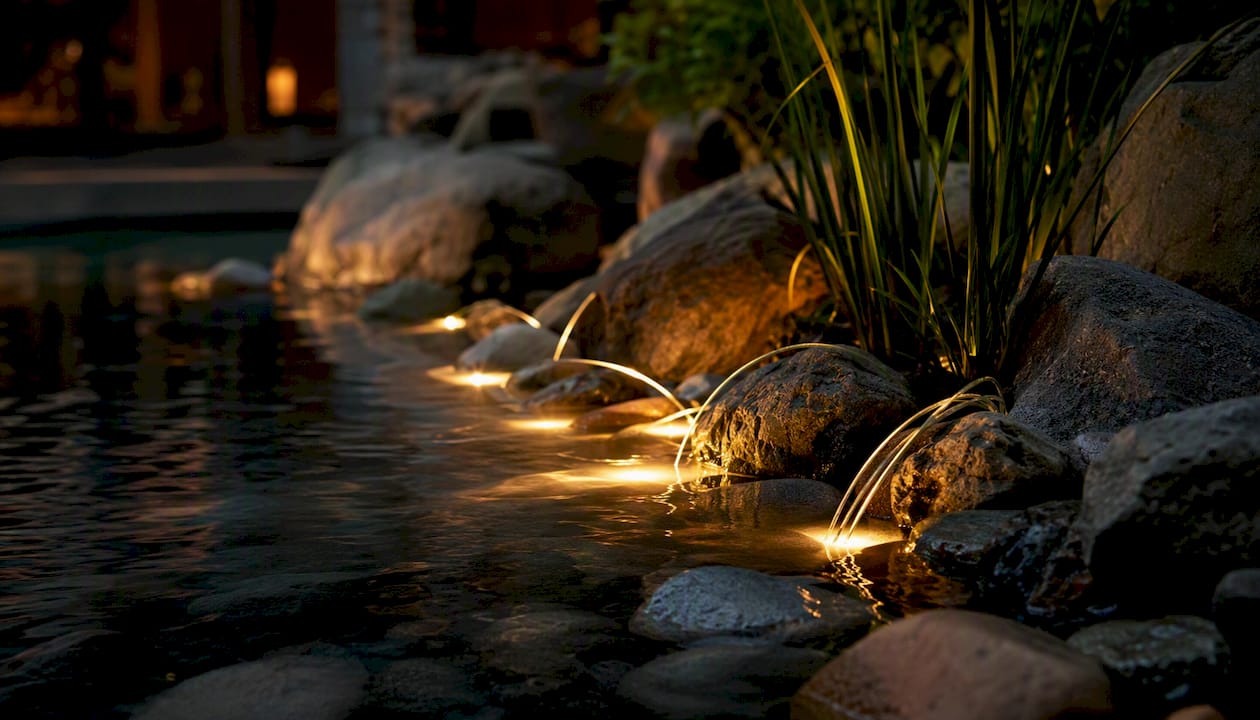 Fiber Optics in Landscapes: A Guide for Homeowners Fiber optic lighting safely illuminating a water feature edge