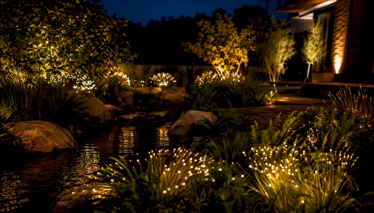 Fiber Optics in Landscapes: A Guide for Homeowners Fiber optic lights glowing discreetly in garden plants and water
