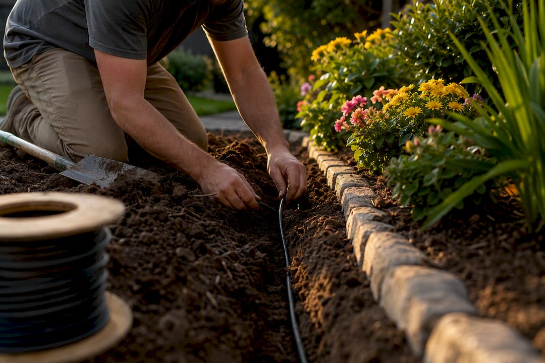 Hiding Landscape Lighting Wires: A Homeowner's Code Guide Installer burying landscape lighting wire in garden trench