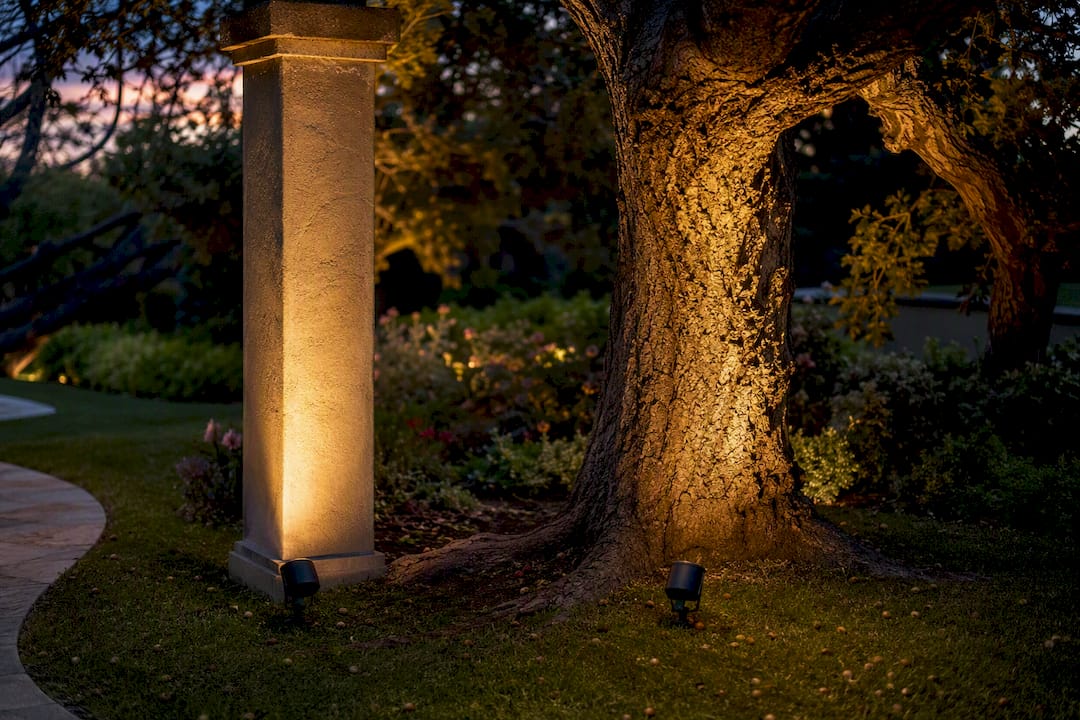 How to Calculate Outdoor Lighting Coverage for Your Property Warm LED lights illuminating a tree and column