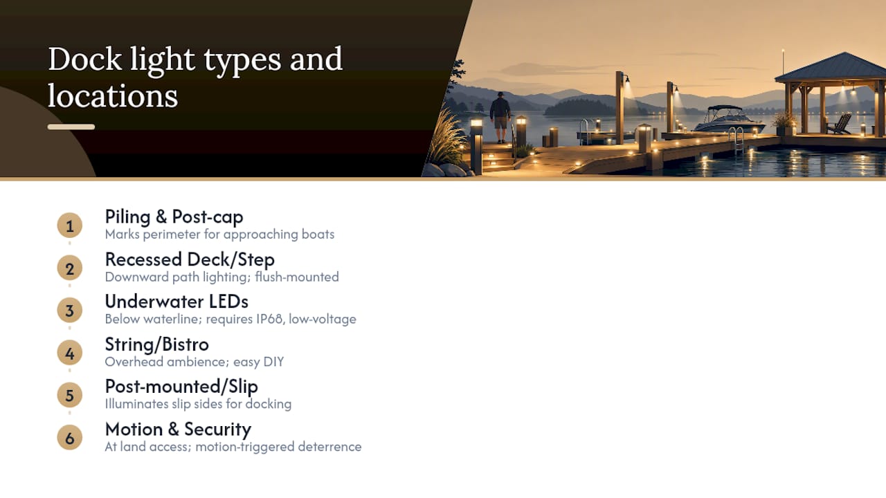 Dock lighting types matched to their locations
