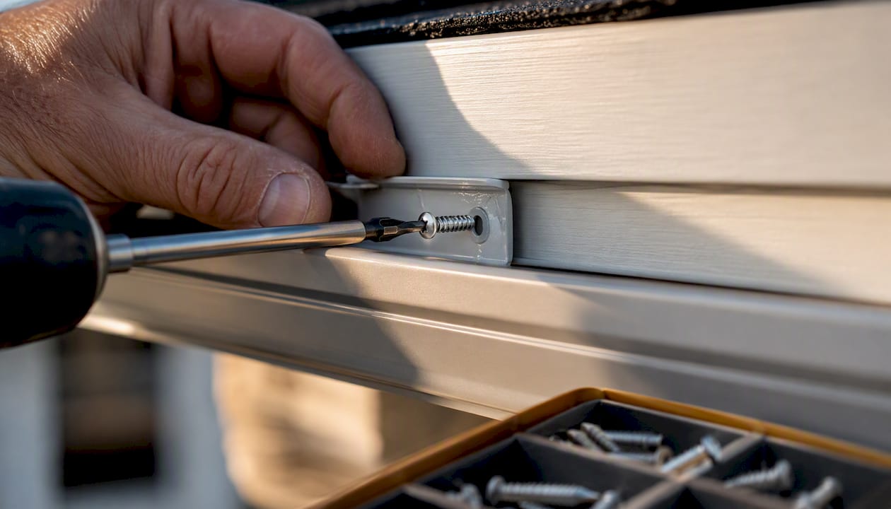 Stainless screw securing gutter-adjacent hardware