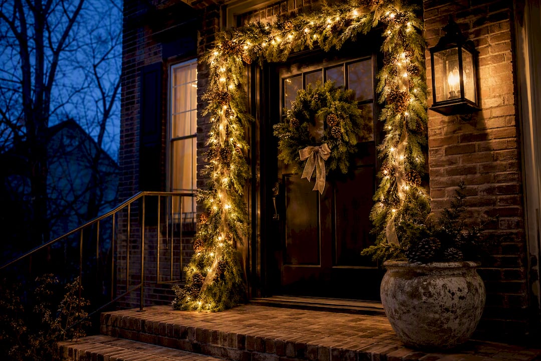 Warm white lights with garland and neutral decorations