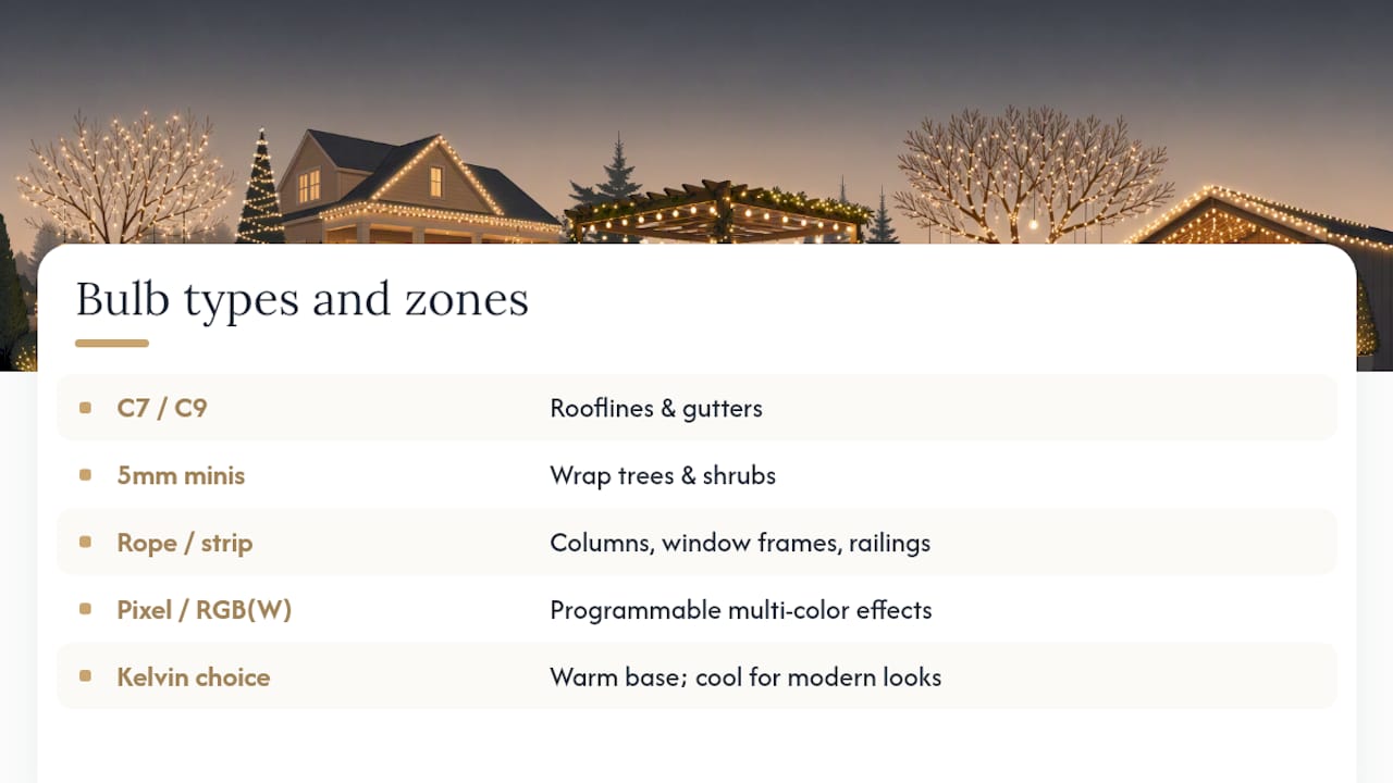 Bulb Types, Lens Styles, and Color Temperature by Zone — overview diagram