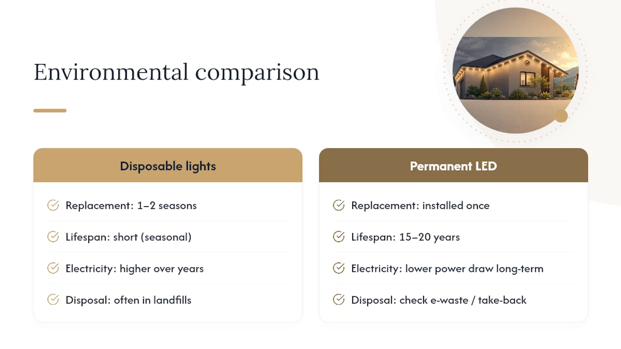 22 Years at 6hrs/day: Permanent Roofline Lights Lifespan for Homeowners Lifespan and environmental impact comparison