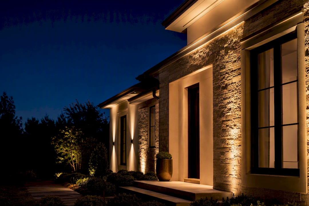 Homeowners: Exterior Architectural Lighting with Contractor Ready Specs Warm architectural lighting on a home facade