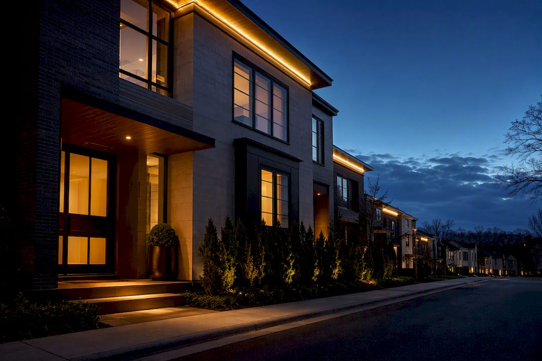 Win ARC Approval in 30–60 Days With ARC-Ready HOA Outdoor Lighting Townhome with restrained permanent roofline lighting