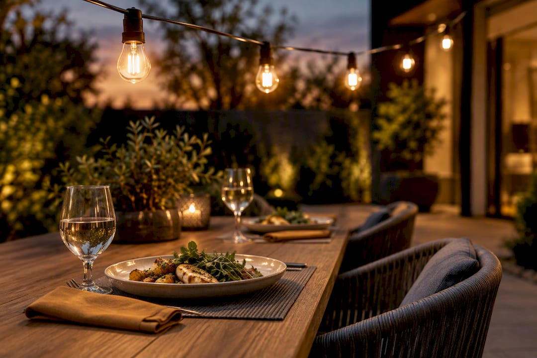 Plan Anchors, Spacing, and Bulbs: Bistro Lighting Ideas for Homeowners Warm white bulbs glowing over outdoor dinner