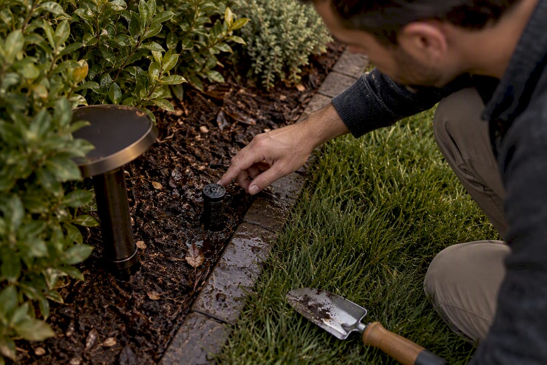 Landscape light beside sprinkler head