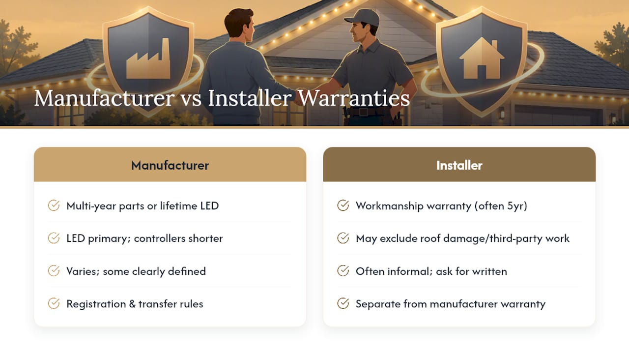 Comparison of warranty offers among leading manufacturers and installers in the permanent lighting industry — overview diagram
