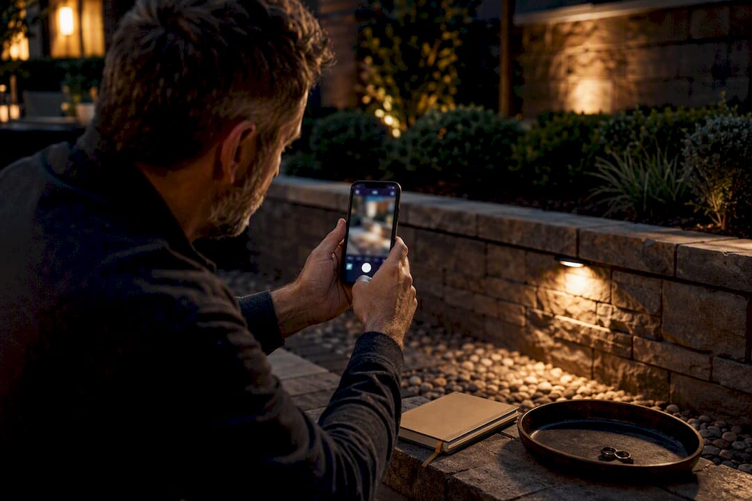 Homeowners: Get an Enforceable Outdoor Lighting Warranty in Writing Homeowner photographing outdoor lighting issue