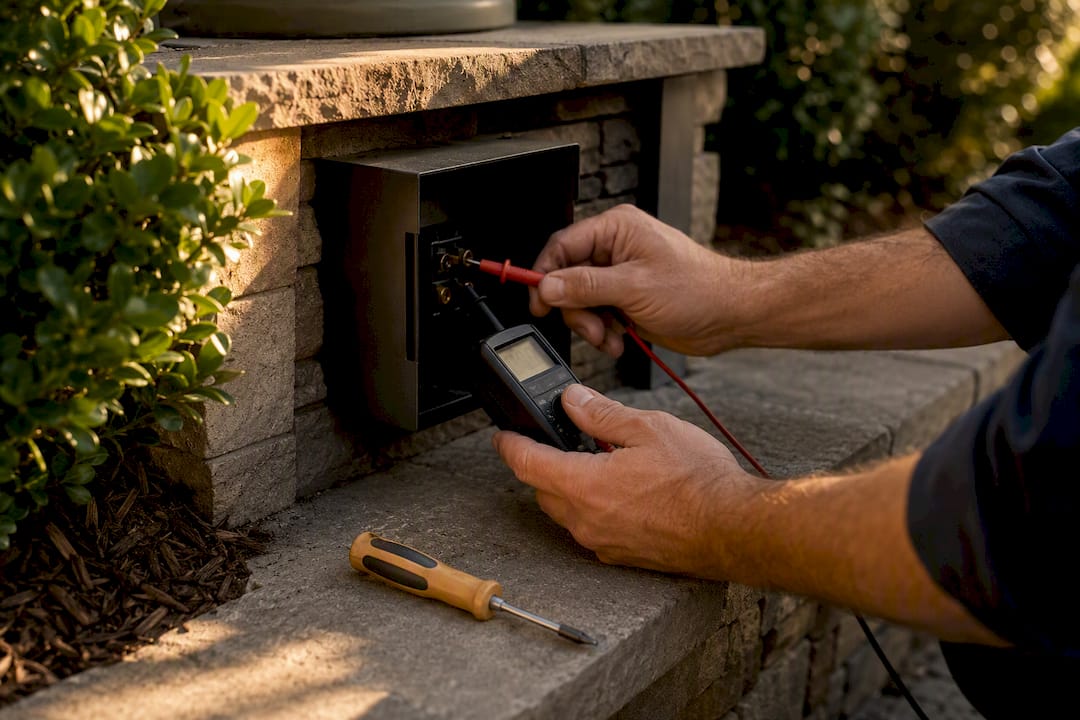 Technician testing landscape lighting voltage