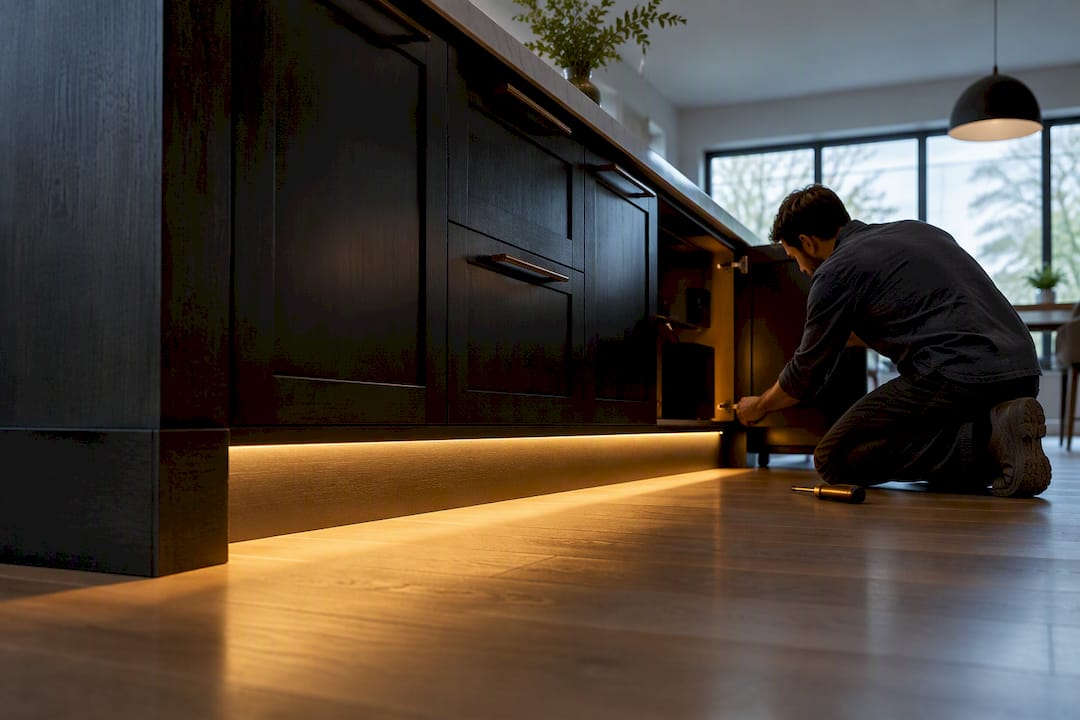 10 Toe Kick Lighting Ideas Contractors Use for Serviceable Installs Warm toe-kick lighting beneath kitchen cabinetry