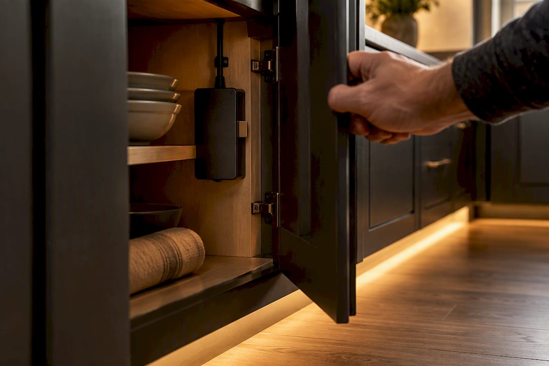 10 Toe Kick Lighting Ideas Contractors Use for Serviceable Installs Accessible lighting driver inside cabinet