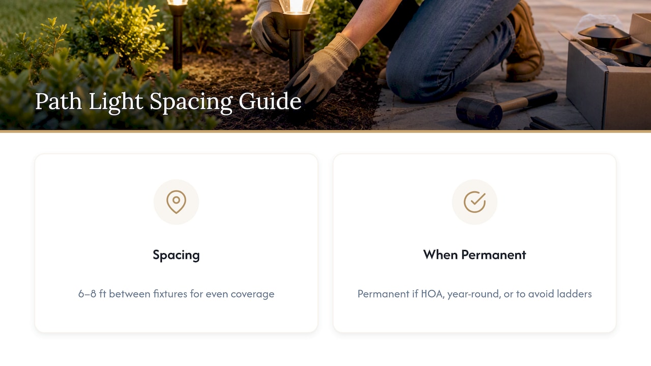 String Light Spacing for Homeowners: 12–24 In Bulbs, 6–20 Ft Supports Diagram of six to eight foot path light spacing