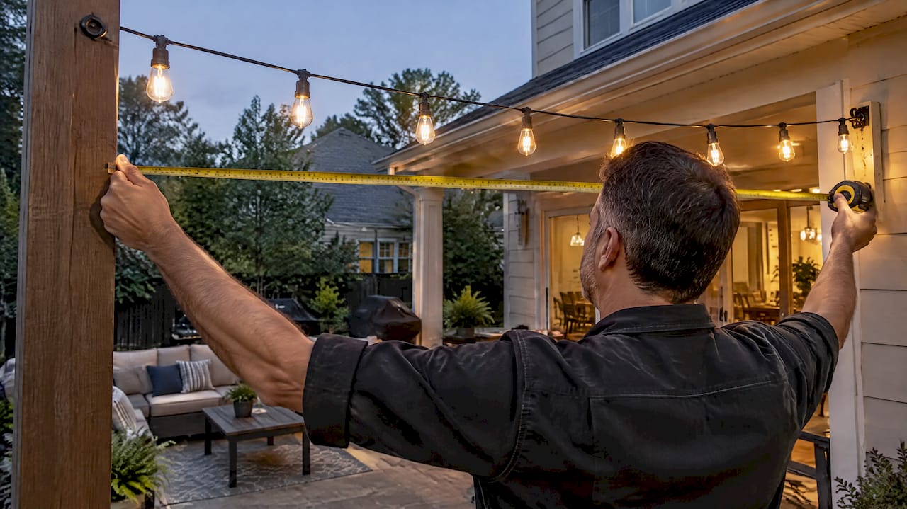 String Light Spacing for Homeowners: 12–24 In Bulbs, 6–20 Ft Supports Homeowner measuring patio string light span