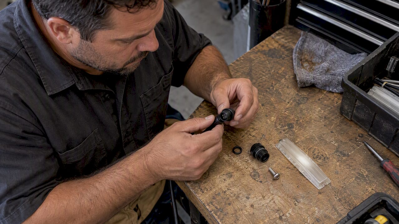 Technician inspecting lighting gasket and fastener