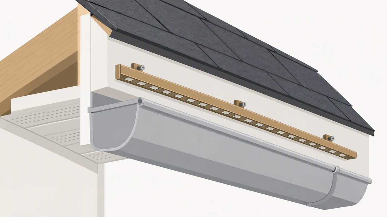 Cutaway showing fascia-mounted track above gutter
