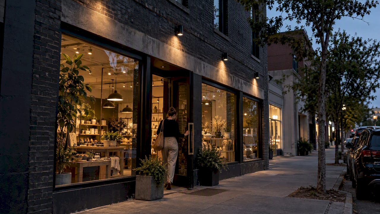 Small Retailers: 5 DarkSky Backed Rules for Storefront Lighting Design Small storefront with controlled exterior lighting