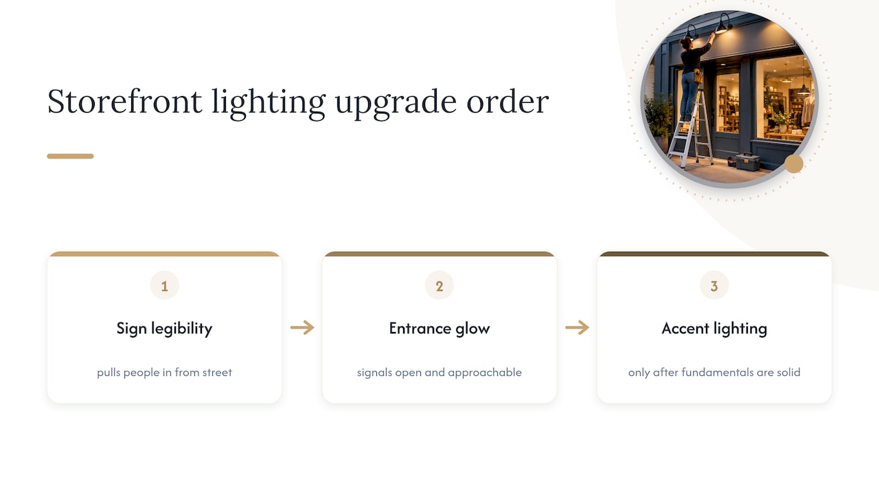 Small Retailers: 5 DarkSky Backed Rules for Storefront Lighting Design Prioritizing storefront lighting upgrades on a small budget — overview diagram