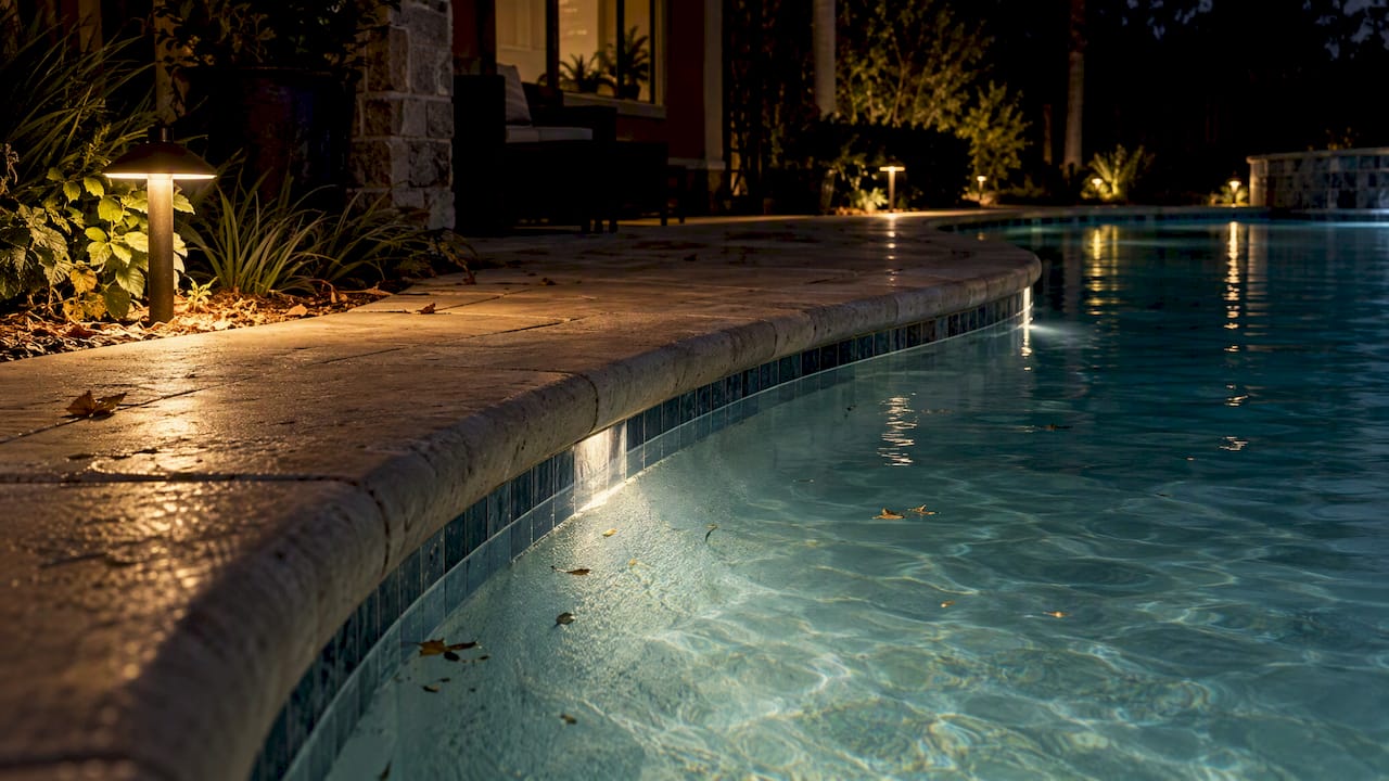 Low lighting reveals pool edge and marker
