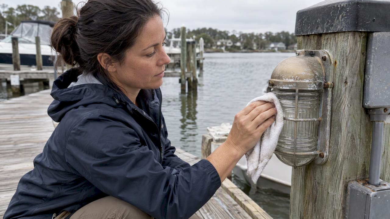Dock owner wiping salt from a light lens