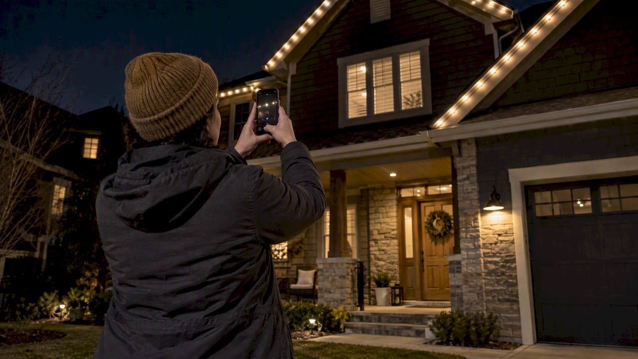 Homeowner photographing illuminated roofline at night