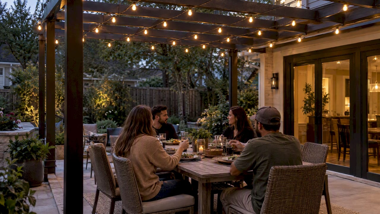 Six Patio String Light Patterns, With Code and Safety in Mind Grid-pattern patio string lights over dining area