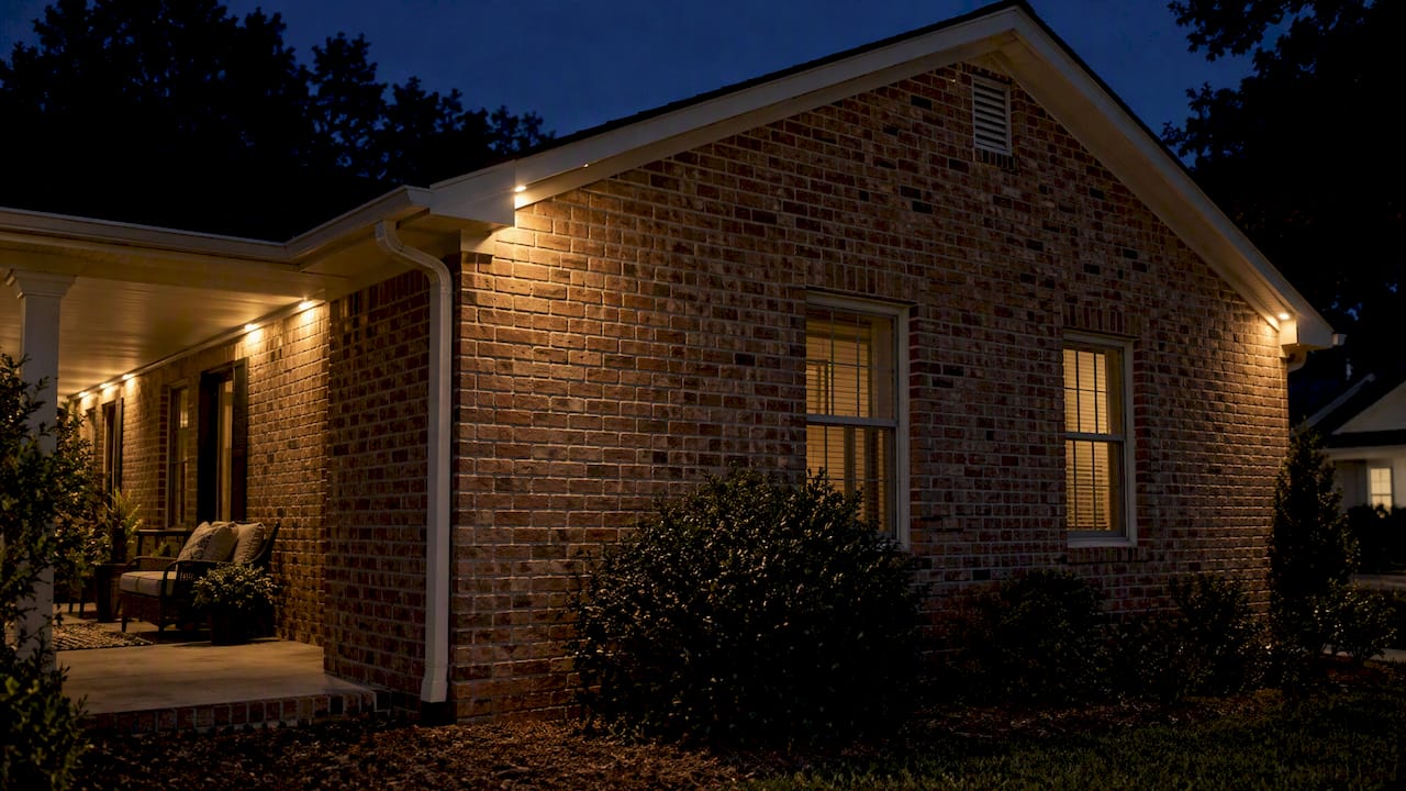 Subtle roofline lighting washing a brick facade
