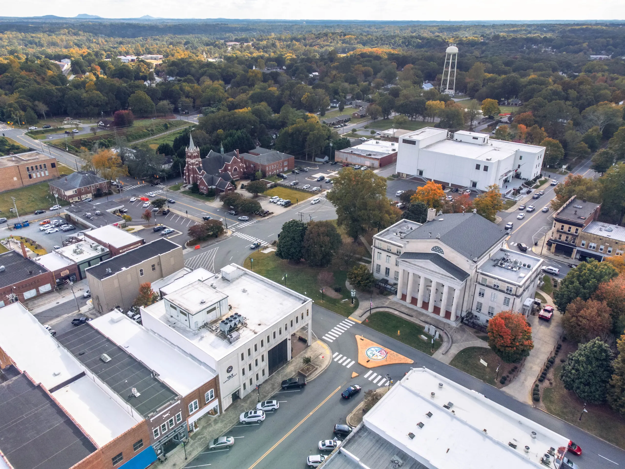 Lincoln County Courthouse in Lincolnton, North Carolina seen from above